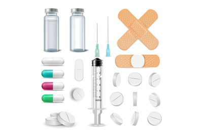 Medical Items Set Vector. Pills&2C; Drugs&2C; Ampoule&2C; Syringe&2C; Patch. Isolated Illustration