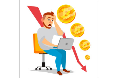 Bitcoin Crash Graph Vector. Bitcoin Price Drops. Crypto Currency Market Concept. Surprised Investor Or Businessman. Annoyance, Panic. Isolated Flat Cartoon Illustration