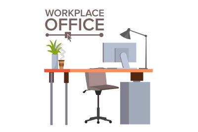 Office Workplace Concept Vector. Office Desk. Modern Developer Studio Interior. Classic Work space. Desk, Computer Illustration.