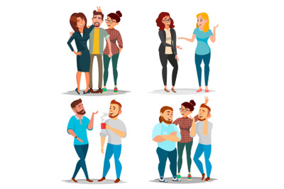 Friends Characters Set Vector. Laughing Friends, Office Colleagues. Business Situations. Man And Women Take A Picture. Friendship Concept. Isolated Flat Cartoon Illustration