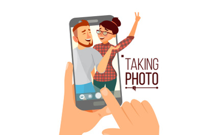 Taking Photo On Smartphone Vector. Smiling People. Modern Friends Taking Vertical Selfie. Hand Holding Smartphone. Camera Viewfinder. Friendship Concept. Isolated Flat Cartoon Illustration