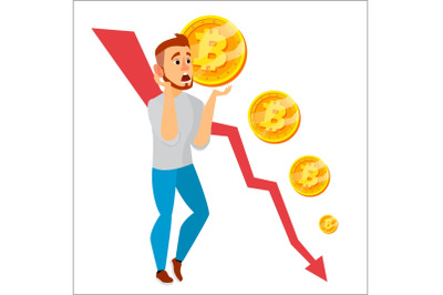 Bitcoin Crash Graph Vector. Bitcoin Price Drops. Price Market Value Going Down. Crypto Currency Market Concept. Surprised Businessman. Annoyance, Panic. Flat Cartoon Illustration