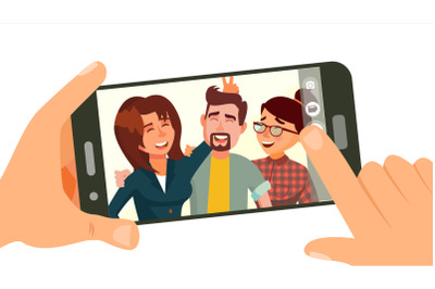 Taking Photo On Smartphone Vector. Smiling Friends Taking Selfie. People Posing. Hand Holding Smartphone. Friendship Concept. Isolated Flat Cartoon Illustration