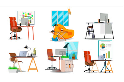 Office Workplace Interior Set Vector. Interior Of The Office Room, Creative Developer Studio. PC, Computer, Laptop, Table, Chair. Isolated Flat Illustration