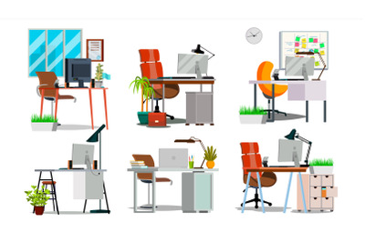 Office Workplace Interior Set Vector. Interior Of The Office Room, Creative Developer Studio. PC, Computer, Laptop. Trendy Office Desk Isolated Flat Illustration