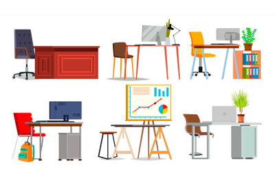 Office Workplace Set Vector. Interior Of The Office Room, Creative Developer Studio. PC, Computer, Laptop, Table, Chair. Interior. Furniture Workplace For Programmer, Designer, Salesman. Isolated Flat Illustration