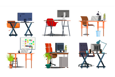 Office Workplace Set Vector. Interior Of The Office Room. PC, Computer, Laptop, Table, Chair. Interior. Furniture Workplace For Programmer, Designer, Salesman. Isolated Flat Illustration