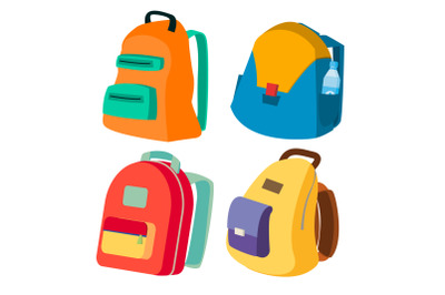 Schoolbag Set Vector. Closed Backpacks Side View. Colored School Modern Backpacks. Isolated Flat Cartoon Illustration