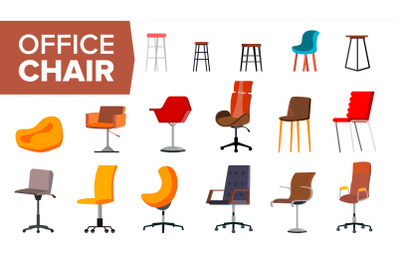 Chair Set Vector. Office Creative Modern Desk Chairs. Interior Seat Design Element. Flat Isolated Furniture Illustration