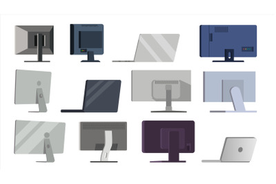 Monitor Set Vector. Different Types Modern Monitors, laptop. Office, Home, Computer Monitors Screen, Digital Display. HD Gadget. Ultra HD Electronic PC. Isolated Flat Cartoon Illustration