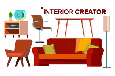 Furniture Creator Vector. Living Room. Modern Chair Objects. Sofa, Armchair, Lamp, Table, Bedside Table. Isolated Flat Cartoon Illustration