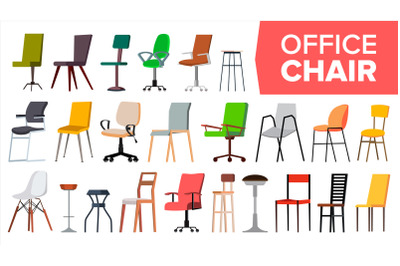 Chair Set Vector. Office Modern Desk Chairs. Different Types. Interior Seat Design Element. Isolated Furniture Illustration