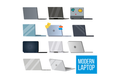 Laptop Set Vector. Modern Office Laptop Monitors. Office, Home, Laptop Screen, Digital Display. Different Types. Electronic PC. Isolated Illustration