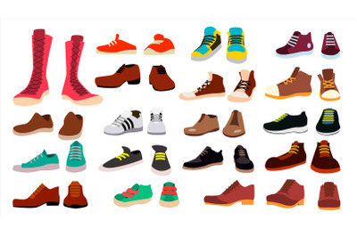 Footwear Set Vector. Fashionable Shoes. Boots. For Man And Woman. Web Icon. Flat Cartoon Isolated Illustration