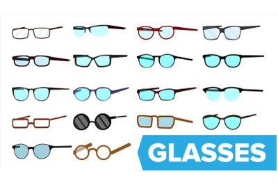 Glasses Set Vector. Modern Glasses Icon. Different Eyewear Types. Eyeglasses With Frame. Blue Lense. Flat Cartoon Isolated Illustration