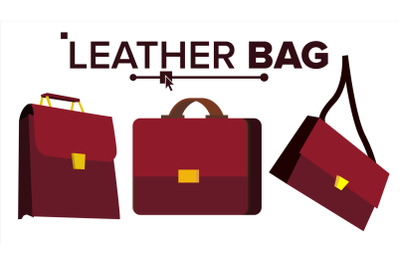 Leather Bag Vector. Office Brown Elegance Briefcase. For Male, Female. Flat Cartoon Isolated Illustration