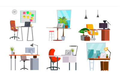 Office Workplace Set Vector. Interior Of The Office Room, Creative Developer Studio. PC, Computer, Laptop, Table, Chair. Isolated Flat Illustration