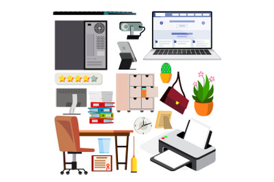 Office Equipment Set Vector. Computer, Laptop, Monitor. Icons. Business Workspace. Hardware And Gadgets. Elements. Isolated Flat Illustration