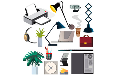 Office Equipment Set Vector. PC, Smartphone, Printer. Icons. Business Workplace. Stationery. Office Things. Isolated Flat Illustration