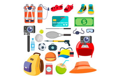 Travel Summer Icons Vector. Summer Time. Holidays&2C; Vacation. Tourism Items&2C; Accessory. Traveling Objects. Isolated Flat Cartoon Illustration