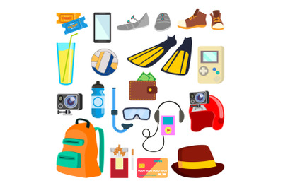 Travel Icons Vector. Summer Time. Holidays, Vacation. Tourism Items, Objects. Isolated Flat Cartoon Illustration