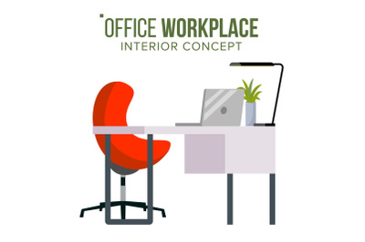 Office Workplace Concept Vector. Furniture Workplace For Boss. Developer Creative Studio Interior. Laptop Computer. Office Desk Illustration.