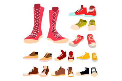 Sneakers Set Vector. Pair Of Casual New Sport Footwear. Foot Wear, Shoe, Shoelace. For Running, Sport. Isolated Illustration