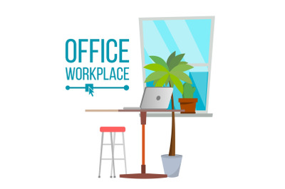 Office Workplace Concept Vector. Furniture Workplace. Developer Creative Studio Interior. Laptop. Trendy Office Desk Illustration.