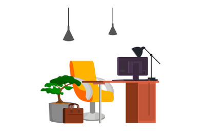 Office Workplace Vector. Office Desk, PC. Modern Developer Studio Interior. Computer Illustration.