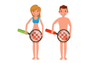 Venereal Disease Check Vector. Naked Man And Woman With Magnifying Glass. Censored Skin. Body Female, Male Impotence Healthcare Venereal Disease Sex Concept. Isolated Flat Cartoon Illustration