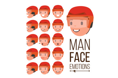 Man Emotions Vector. Handsome Face Man. Different Male Face Avatar Expressions Set. Cute, Joy, Laughter, Sorrow. Human Psychological Portraits. Isolated Flat Cartoon Illustration