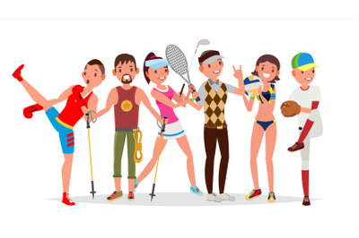 Summer Sports Vector. Set Of Players In Boxing, Hiking, Basketball, Volleyball, Golf, Baseball. Isolated Flat Cartoon Illustration