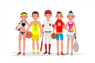 Summer Sports Vector. Set Of Players In Boxing, Basketball, Volleyball, Baseball. Isolated On White Flat Cartoon Illustration