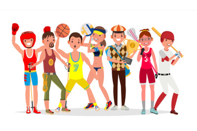 Summer Sports Vector. Set Of Players In Boxing, Hiking, Basketball, Volleyball, Golf, Lacrosse, Baseball. Isolated On White Background Flat Cartoon Illustration