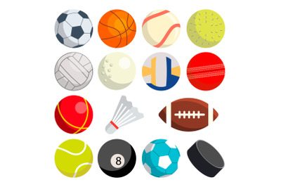 Sport Balls Set Vector. Round Sport Equipment. Game Classic Balls. Gaming Icons. Soccer, Rugby, Baseball, Basketball, Tennis, Puck, Volleyball. Isolated Illustration