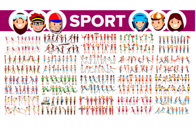 Athlete Set Vector. Man, Woman. Group Of Sports People In Uniform, Apparel. Sportsman Character In Game Action. Flat Cartoon Illustration