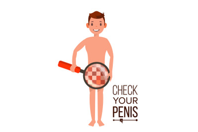 Check Your Penis Vector. Naked Man With Magnifying Glass. Censored Skin. Body Male Impotence Healthcare Venereal Disease Sex Concept. Isolated Flat Cartoon Illustration