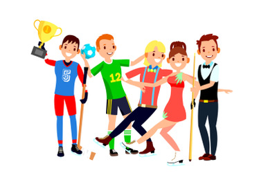 Athlete Set Vector. Man, Woman. Hockey, Handball, Figure Skating, Snooker. Group Of Sports People In Uniform, Apparel. Sportsman Character In Game Action. Flat Cartoon Illustration