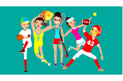 Athlete Set Vector. Man, Woman. Baseball, Basketball, Field Hockey, Tennis, American Football. Group Of Sports People In Uniform, Apparel. Sportsman Character In Game Action. Flat Cartoon Illustration