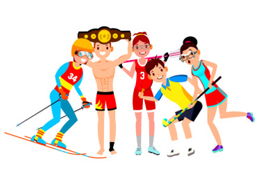 Athlete Set Vector. Man, Woman. Skiing, Boxing, Lacrosse, Table Tennis, Field Hockey. Group Of Sports People In Uniform, Apparel. Sportsman Character In Game Action. Flat Cartoon Illustration