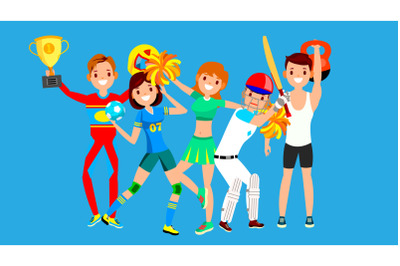 Athlete Set Vector. Man, Woman. Handball, Cheerleader, Baseball, Fitness Man. Group Of Sports People In Uniform, Apparel. Sportsman Character In Game Action. Flat Cartoon Illustration