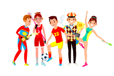 Athlete Set Vector. Man, Woman. Lacrosse, Soccer, Golf, Gymnastics. Group Of Sports People In Uniform, Apparel. Sportsman Character In Game Action. Flat Cartoon Illustration