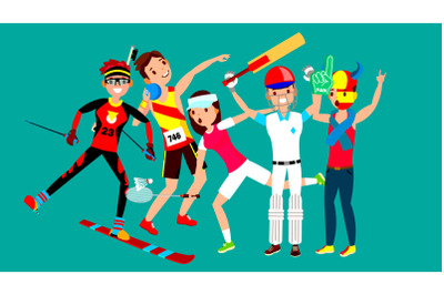 Athlete Set Vector. Man, Woman. Skiing, Athletics, Tennis, Baseball, Fan. Group Of Sports People In Uniform, Apparel. Sportsman Character In Game Action. Flat Cartoon Illustration