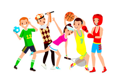 Athlete Set Vector. Man, Woman. Handball, Golf, Tennis, Basketball, Boxing. Group Of Sports People In Uniform, Apparel. Sportsman Character In Game Action. Flat Cartoon Illustration