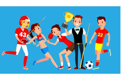 Athlete Set Vector. Man, Woman. American Football, Athletics, Table Tennis, Snooker, Soccer. Group Of Sports People In Uniform, Apparel. Sportsman Character In Game Action. Flat Cartoon Illustration