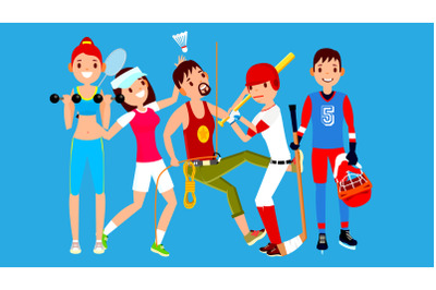 Athlete Set Vector. Man, Woman. Fitness Girl, Tennis, Climber, Baseball, Hockey. Group Of Sports People In Uniform, Apparel. Sportsman Character In Game Action. Flat Cartoon Illustration