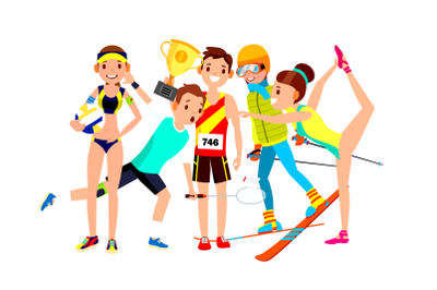 Athlete Set Vector. Man, Woman. Volleyball, Tennis, Athletics, Skiing, Gymnastics. Group Of Sports People In Uniform, Apparel. Sportsman Character In Game Action. Flat Cartoon Illustration