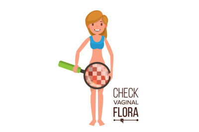 Check Vaginal Flora Vector. Naked Woman With Magnifying Glass. Censored Skin. Body Female Healthcare Venereal Disease Sex Concept. Isolated Flat Cartoon Illustration