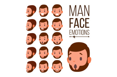 Man Emotions Vector. Young Male Face Portraits. Sadness, Anger, Rage, Surprise, Shock. Isolated Flat Cartoon Illustration