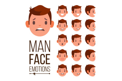 Man Emotions Vector. Different Male Face Avatar Expressions Set. Emotional Set For Animation. Isolated Flat Cartoon Illustration